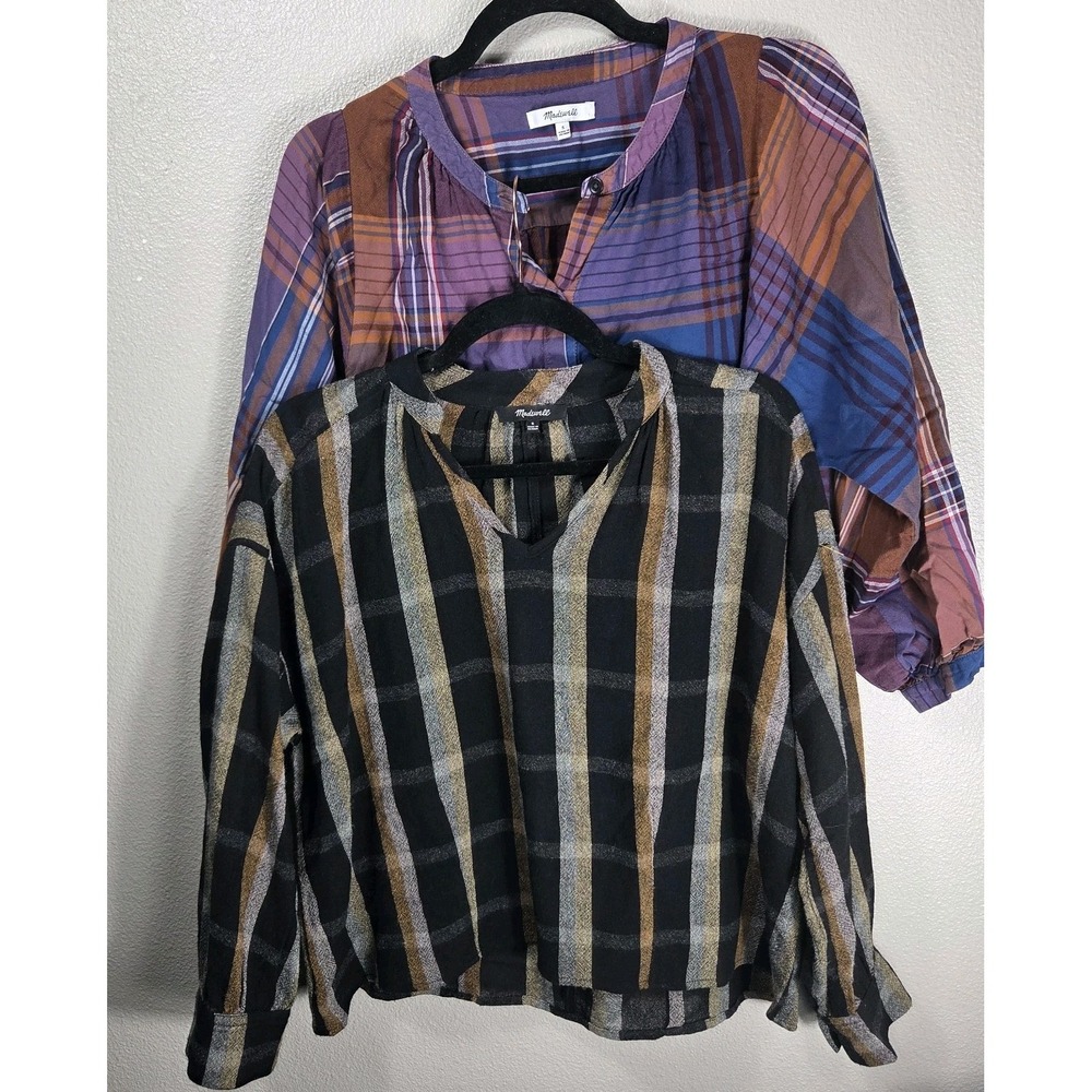 Madewell Women's Size Small Plaid Top Bundle Purple Cotton Blouse Black Plaid...